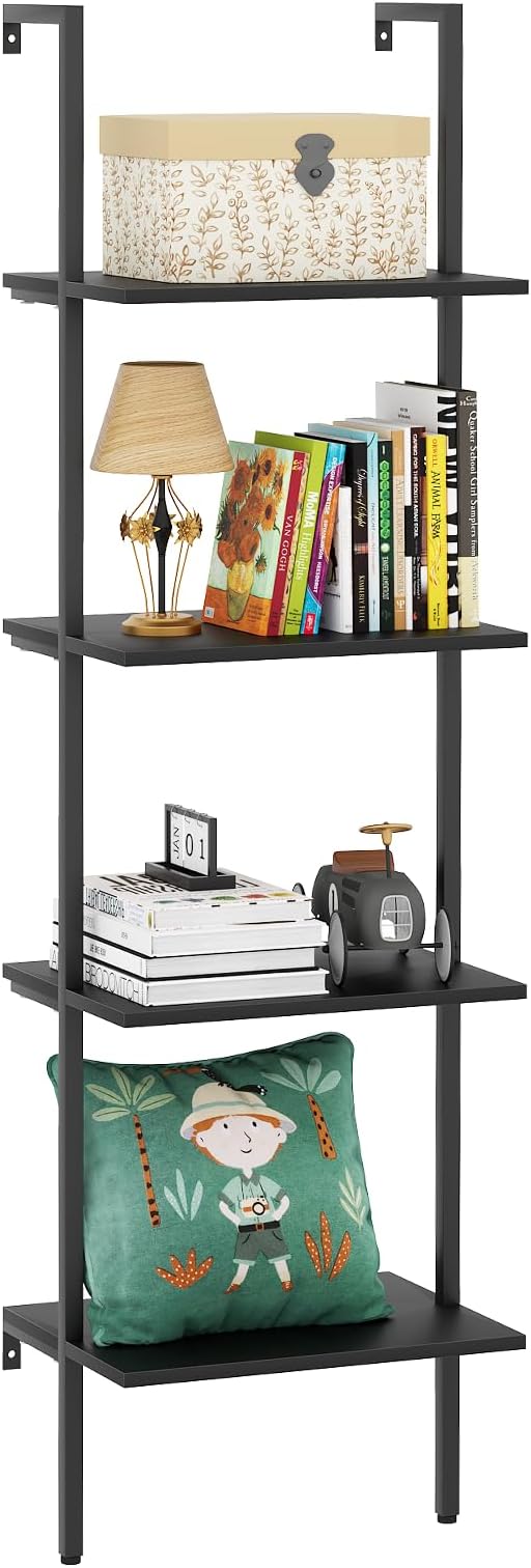 Ladder Shelf 4 Tiers Metal Industrial Bookshelf, Wall Mount Wide Book Case by Wolawu
