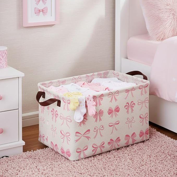 Pink Bow Decor Storage Basket Waterproof Canvas Toy Storage Bin Coquette Room - Image 4