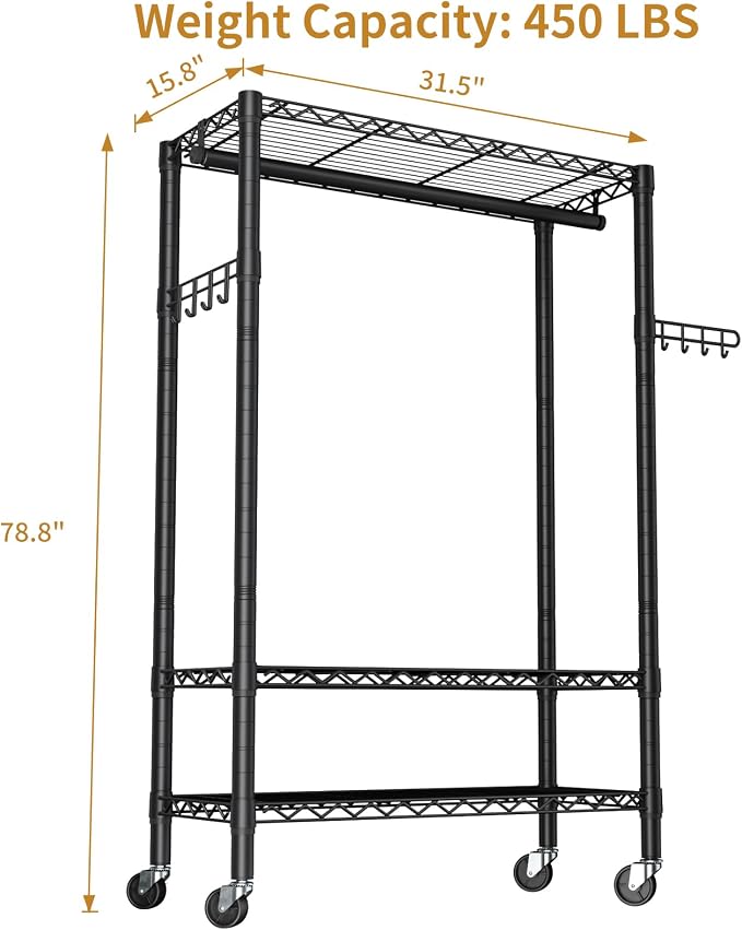 Heavy Duty Clothes Rack Rolling Garment Rack, 3 Tier Adjustable Wire Shelving - Image 5