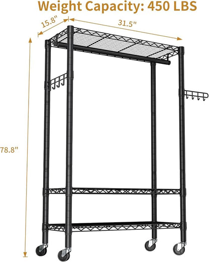 Heavy Duty Clothes Rack Rolling Garment Rack, 3 Tier Adjustable Wire Shelving - Image 5