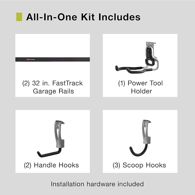 Rubbermaid Garage FastTrack 8-Piece Small Kit Black/Grey All-in-One Rail & Hook - Image 2