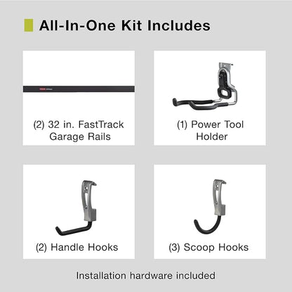Rubbermaid Garage FastTrack 8-Piece Small Kit Black/Grey All-in-One Rail & Hook - Image 2