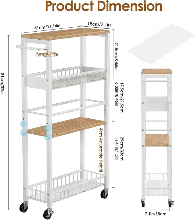 Slim Rolling Storage Cart, 4 Tier Narrow Storage Cart, 7.1in | Metal Kitchen - Image 3