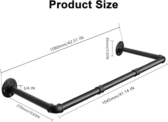 Industrial Iron Pipe Clothes Hanging Bar DIY Wall-Mounted Garment Rack Heavy - Image 2