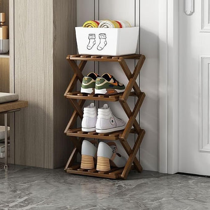 4 Tier Foldable Shoe Rack, Bamboo Vertical Shoe Organizer Tall by XZXWZX