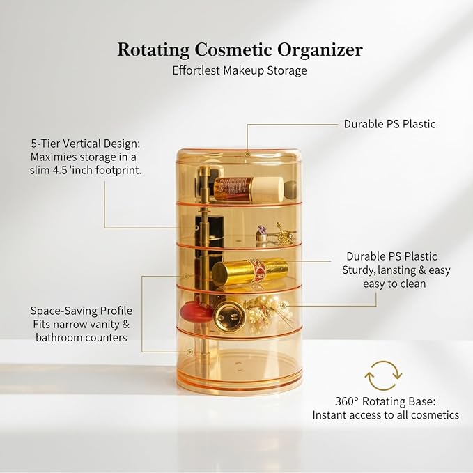 5-Tier Rotating Makeup Organizer, Slim Vanity Storage Tower - Image 5