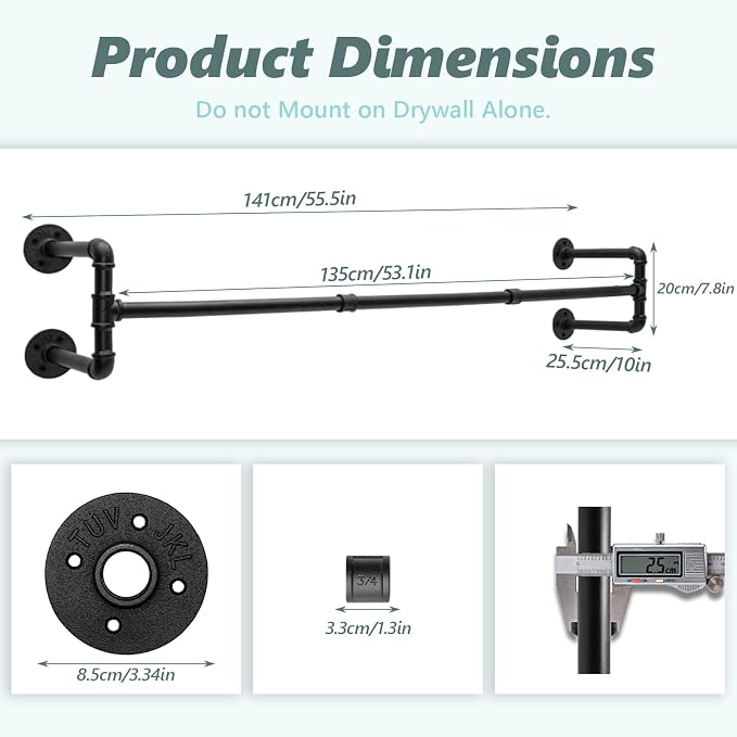 Industrial Pipe Clothing Rack, 53.1 Inch Wall Mounted Clothes Rack, - Image 3