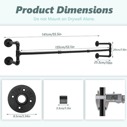 Industrial Pipe Clothing Rack, 53.1 Inch Wall Mounted Clothes Rack, - Image 3