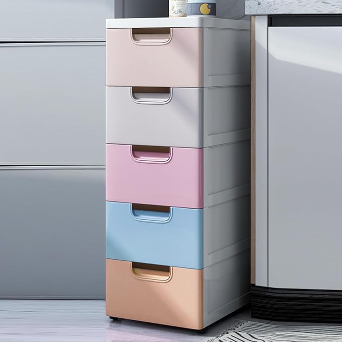 5 Drawer Stackable Storage Tower, Plastic Drawers Dresser, Narrow Rolling by ILWorkTLs