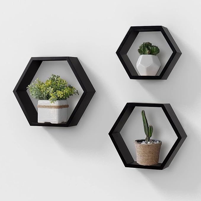 AHDECOR Wall Mounted Hexagon Floating Shelves, Wooden Wall Organizer Hanging by AHDECOR