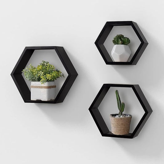 AHDECOR Wall Mounted Hexagon Floating Shelves, Wooden Wall Organizer Hanging by AHDECOR