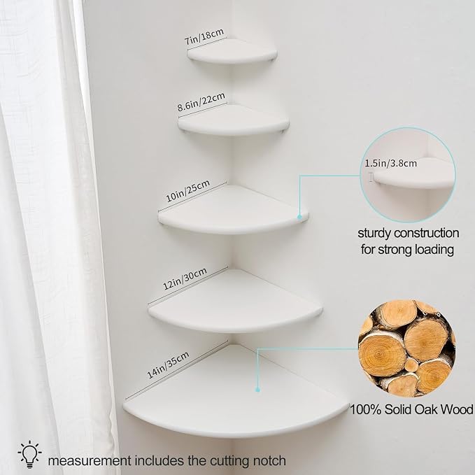 Corner Shelf, Solid Oak Wood Floating Corner Shelf Wall Mount Round End - Image 6