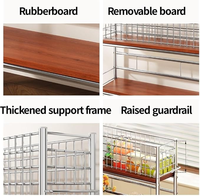 Slim Storage Cart with Wheels, 2 Tier Rolling Cart with Solid Wood Open Shelf - Image 3
