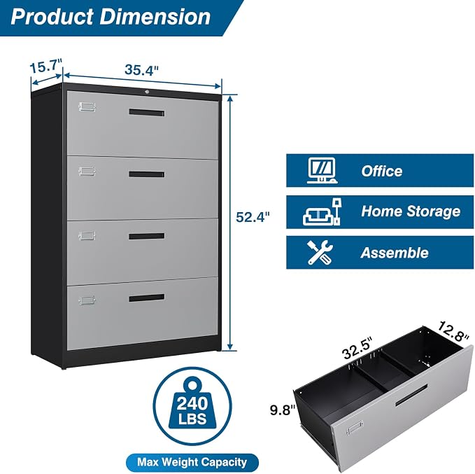 4 Drawer File Cabinet, Lateral Filing Cabinets - Image 3