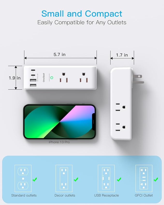 PD 30W Surge Protector Outlet Extender, Rotating Plug, One Beat 6 AC Multi Plug - Image 7