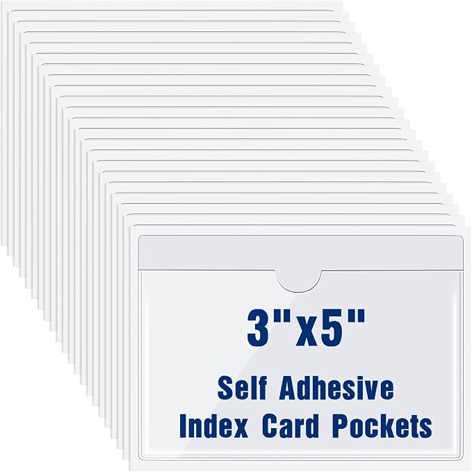 Chinco 50 Pack 3" x 5" Clear Adhesive Pockets, Index Card Pockets by Chinco
