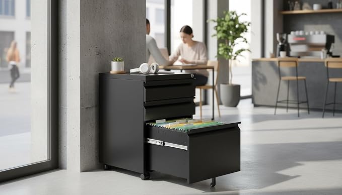 Black Metal 3-Drawer Mobile File Cabinet - Image 8