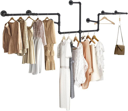 Industrial Pipe Clothes Rack Wall Mounted, 85.83 inches Heavy Duty Iron Pipe by Unknown
