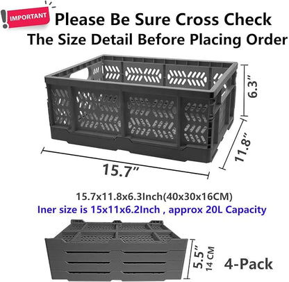 4-Pack Plastic Storage Crates, 20L Foldable Baskets, Collapsible Crates - Image 2
