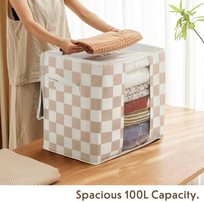 Beige Checkered Clothes Storage Bins, 100L Large Blanket Storage Bags 3 Pack - Image 4