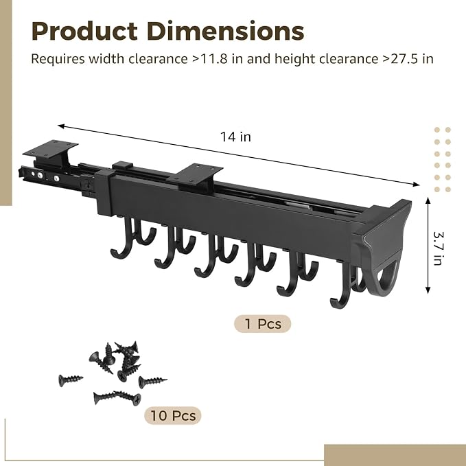 Homaisson Pull Out Hanging Pot Rack, 12-Hook Extendable Sliding Rail Organizer - Image 4