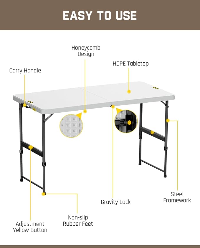 FanttikOutdoor 4ft Portable Folding Table, One-Handed Height Adjustment - Image 7