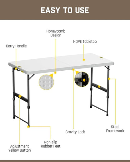 FanttikOutdoor 4ft Portable Folding Table, One-Handed Height Adjustment - Image 7