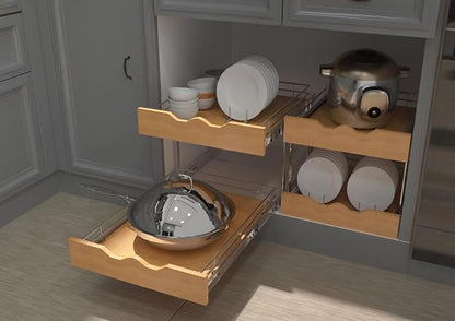 DINDON 2 Tier Pull Out Cabinet Organizer Slide Out Wood Shelf Double Tier - Image 8