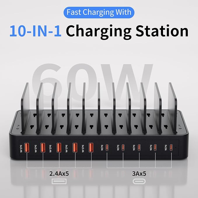 60W Charging Station for Multiple Devices, 10-Port USB Fast Charging Station - Image 2