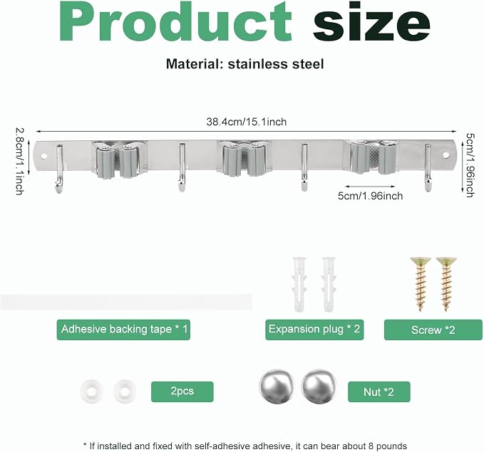 5 Pack Broom Holder Wall Mount 3 Racks 4 Hooks Stainless Steel Broom Mop Holder - Image 2