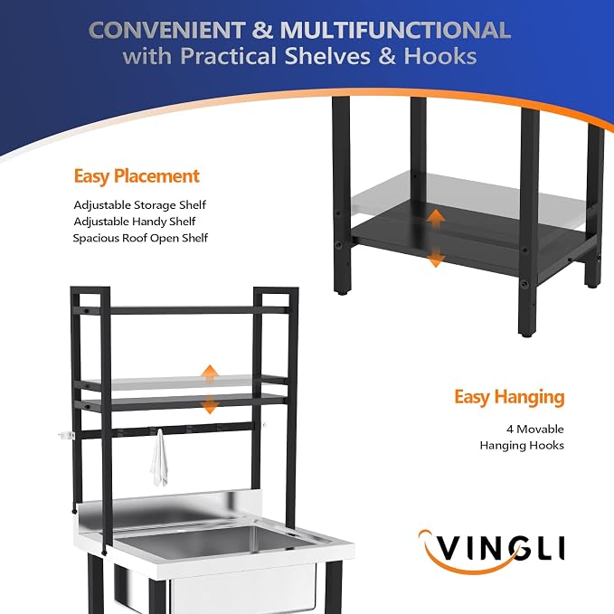 VINGLI 67"H Commercial Sink 304 Stainless Steel Sink - Image 4