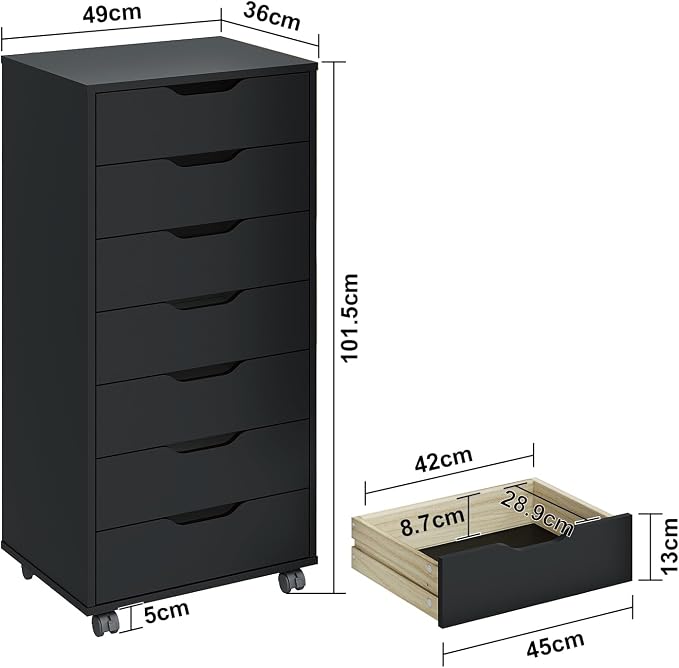 Panana 7 Drawer Mobile File Cabinet, Wooden Under Desk Storage - Image 3
