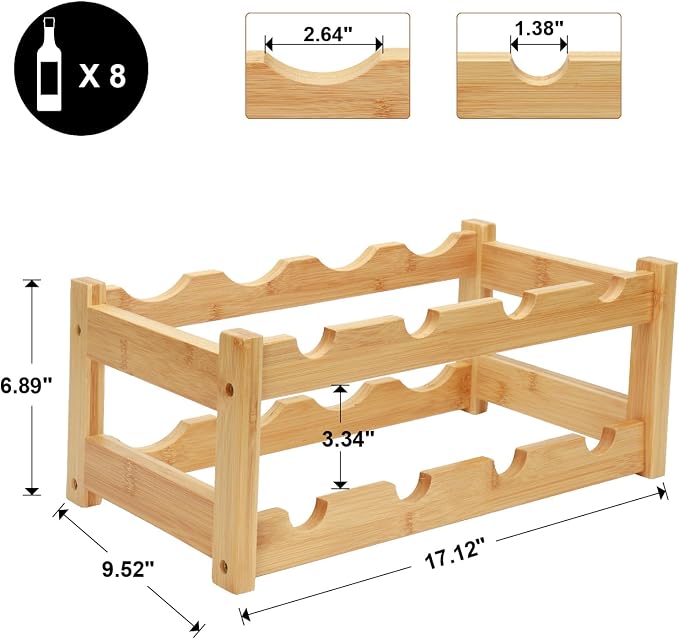 Bamboo Wine Rack, 2-Tier 8 Bottles Wine Storage Cabinet Shelf, Easy-Assembly - Image 3