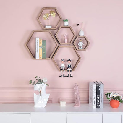 Hexagon Shelves, Floating Wall Shelf, Honeycomb Octagon Cube Shelves Wood | - Image 3