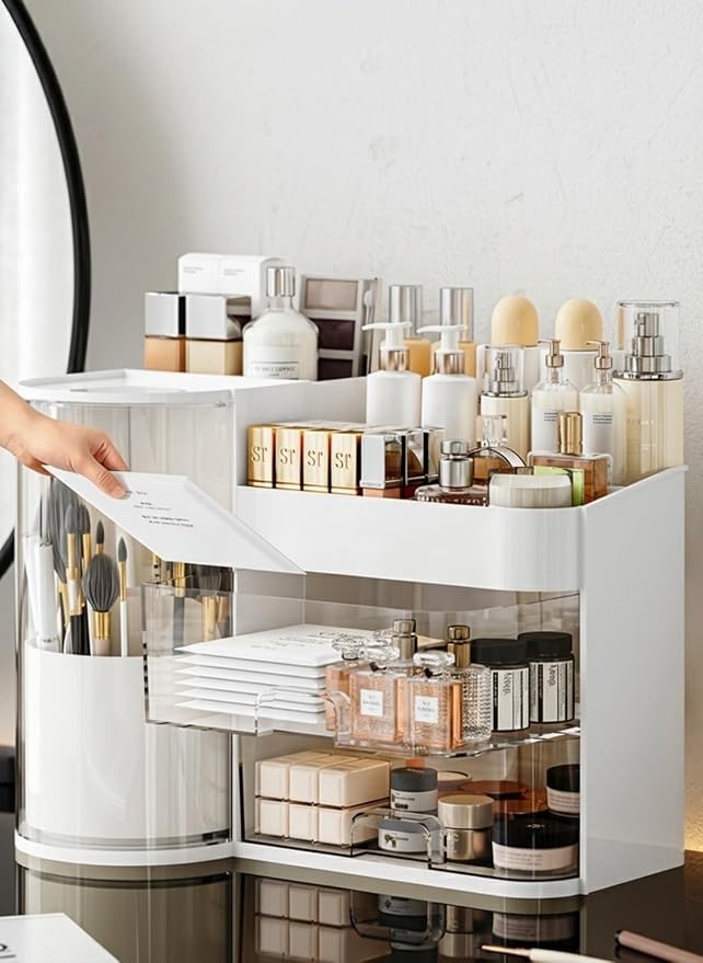 Makeup Organizer with Rotating Brush Holder Cosmetic Organizer with Drawers - Image 3