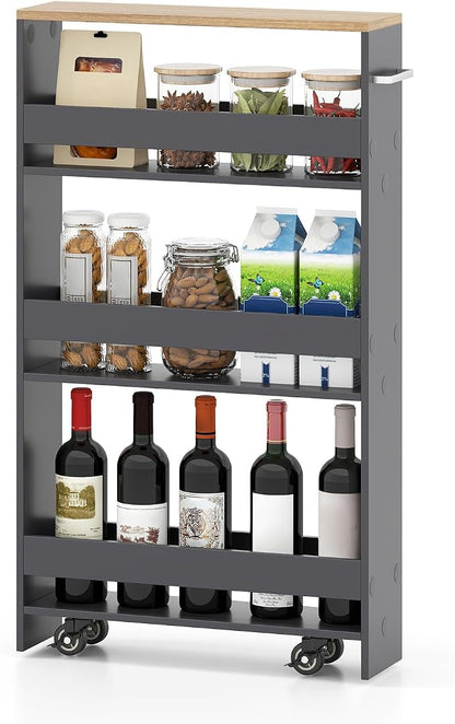 Small Kitchen Cart, 4-Tier Slim Rolling Island w/Handle, Laundry Room Storage by IFANNY