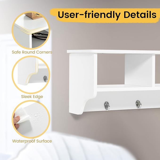 Giantex Hanging Shelf with Hooks Wall Mount Cubby Organizer with 4 Hooks and - Image 6
