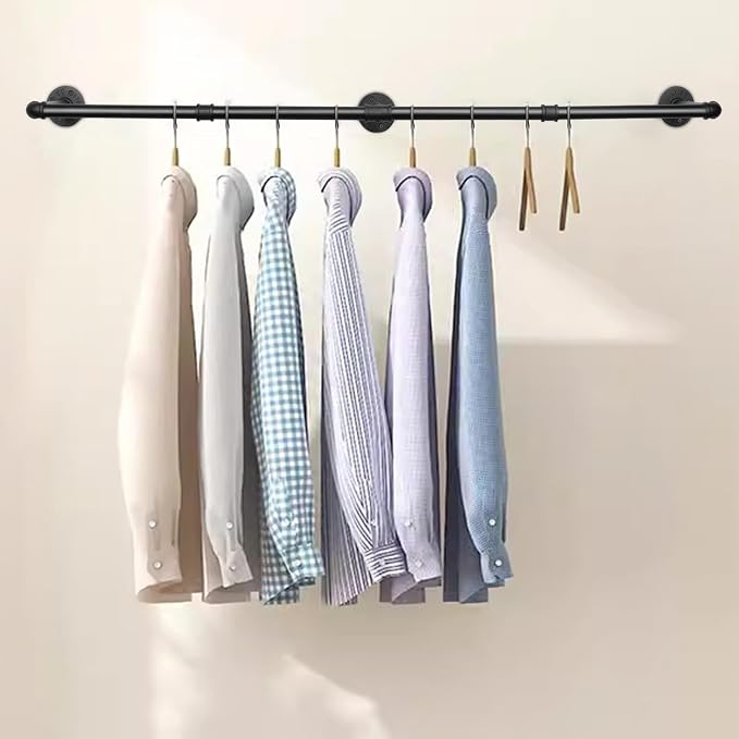 Industrial Iron Pipe Clothes Hanging Bar DIY Wall-Mounted Garment Rack Heavy - Image 6