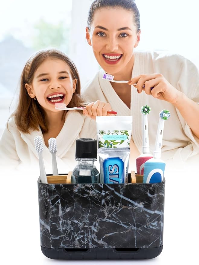 Marble Toothbrush Holders, 5 Slots Bamboo Toothbrush and Toothpaste Holder - Image 3