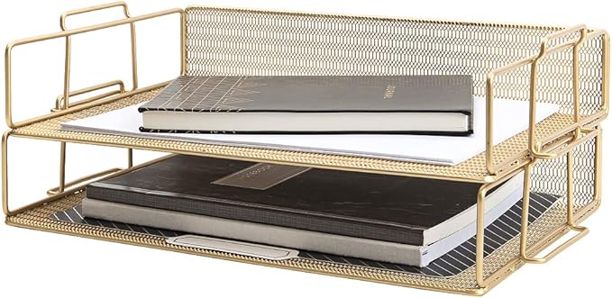 BLU MONACO Gold Mesh Paper Tray – Set of 2 Stackable Letter Trays – Durable by Blu_Monaco