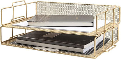 BLU MONACO Gold Mesh Paper Tray – Set of 2 Stackable Letter Trays – Durable by Blu_Monaco