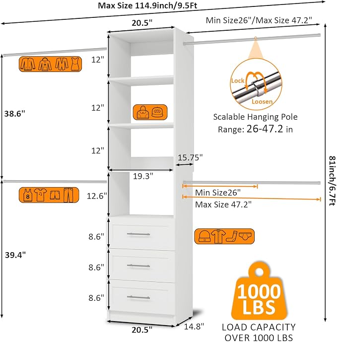 Closet System, 5FT-8FT Closet Organizer System - Image 3
