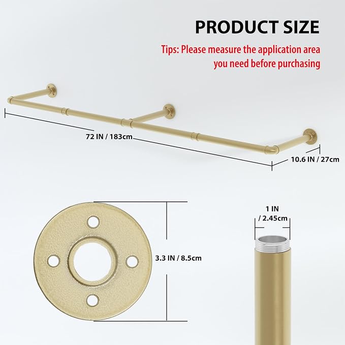 Wall Mounted Clothes Rack, Heavy Duty Gold Garment Rack Bar, Dressing Room - Image 4