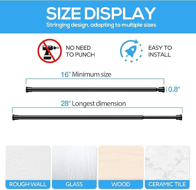 Tension Curtain Rod 16-28'' 4 Pcs Black Small Spring Tension Rods | 5/8 Inch - Image 3
