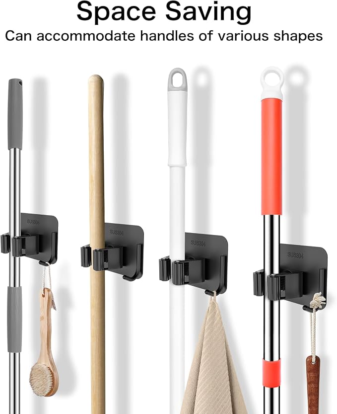 nacena 4 Pack No Drill Self Adhesive Broom Mop Holder Wall Mount - Image 8
