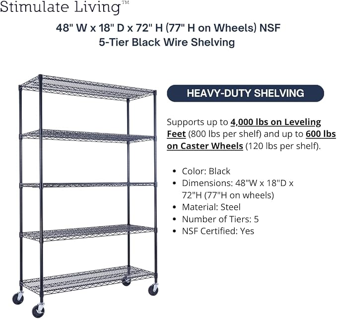 48"x18"x72" PRIME HEAVY DUTY Black 5-Tier Wire Shelving NSF 4000 LBS MAX - Image 4