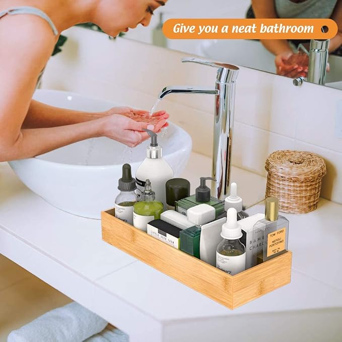 Bathroom Vanity Tray Organizer Bamboo, Small Wood Tray - Image 2