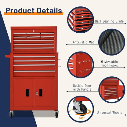 13-Drawer Double Door Rolling Tool Chest, 2 in 1 Detachable Tool Chest - Image 5
