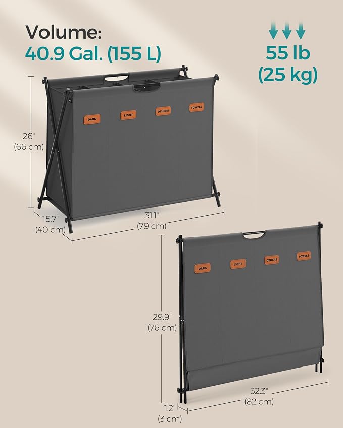 SONGMICS Laundry Hamper, Laundry Basket, 40.9 Gal. Laundry Sorter 4 Sections - Image 6