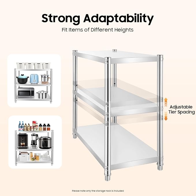 Metal Work Table, 3 Tier Kitchen Storage Rack, Stainless Steel Shelving Unit - Image 5